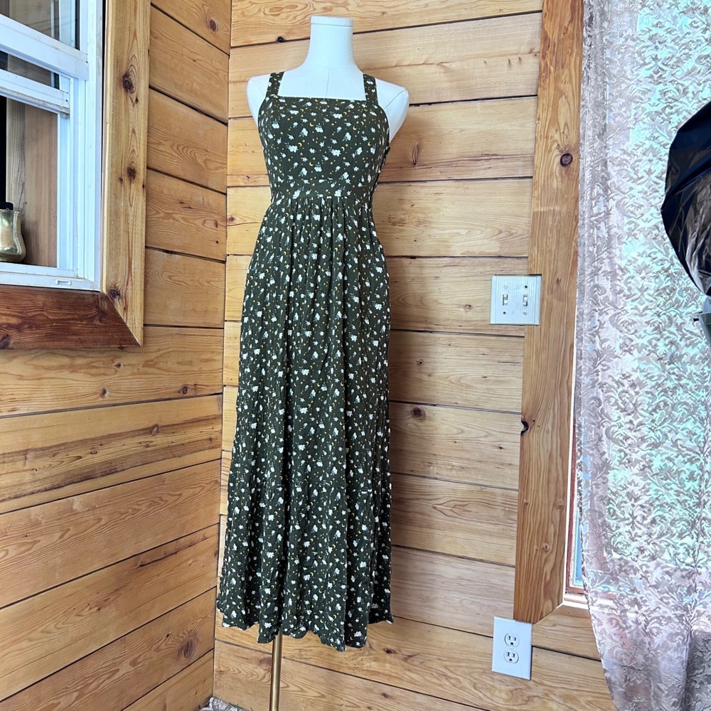 Upcycled Celestial Moon Star Floral Dress Women Small Olive Whimsigoth Maxi Tall